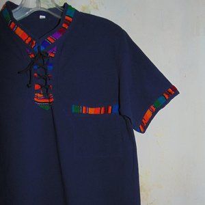 VTG Mexico Aztec Native Button Up Ethnic Kaftan Lace Up Neck Shirt Top Tapestry